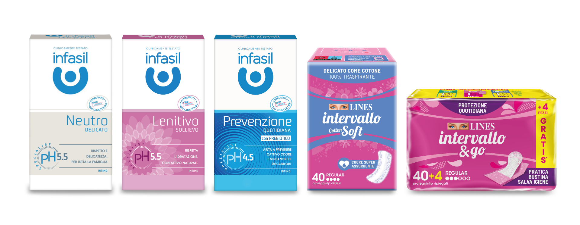 Pack prodotti Infasil Neutro, Lenitivo, Prevenzione e Lines intervallo Soft e &Go